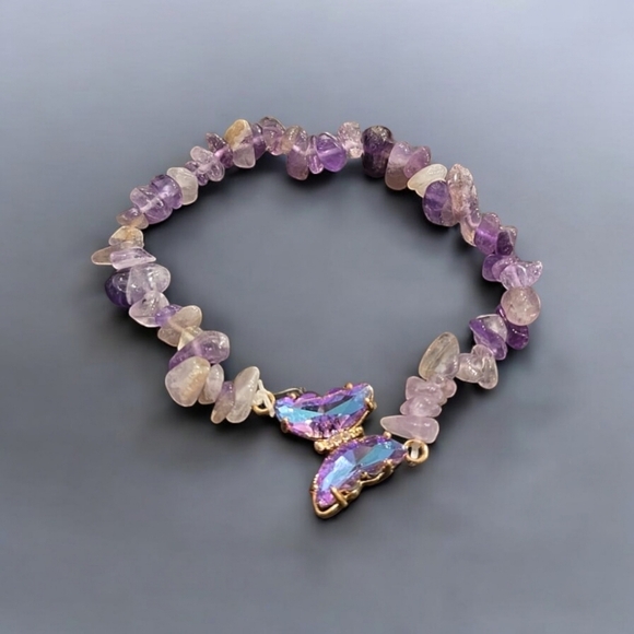 Amethyst Stone Butterfly Stretchy Bracelet - Picture 1 of 2